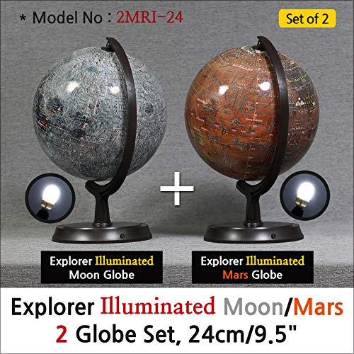 Mapsoft Explorer Illuminated Moon/Mars 2 Globe Set, 24Cm/9.5", 2Mri-24, Moon Globe, Mars Globe, Moon Lamp, Mars Lamp, Moon Light #TOP1