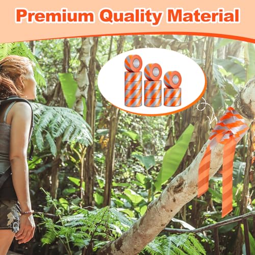 Pushglossy 12 Rolls Trail Marking Flagging Orange Reflective Tape Non Adhesive Plastic Ribbon with Silver Strip PVC Caution Tape Roll for Hunting Hiking Boundaries Hazardous Areas Marking (1.5\"x 150\')