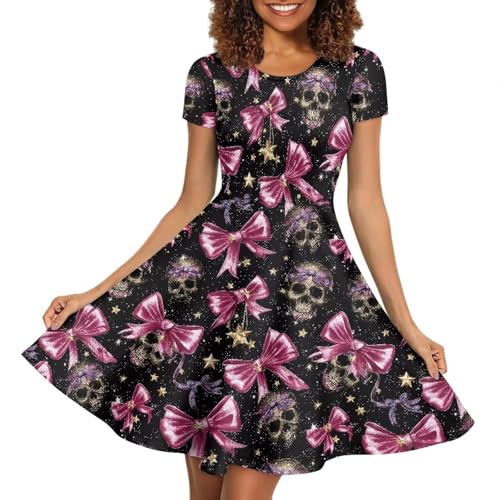 Image of HUGS IDEA Womens Puffy Swing Midi Dress Round Neck Short Sleeve Party A-Line Dresses