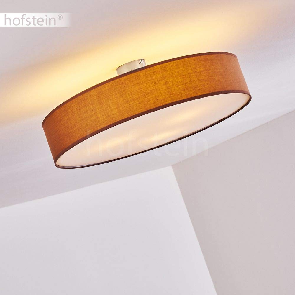 HOFSTEIN Deckenleuchte Foggia, runde Deckenlampe aus Metall/Stoff in Nickel-matt/Braun/Weiß, moderne Leuchte im Retro/Vintage-Design (Ø 60 cm), 3 x E27, Wohnzimmer, Esszimmer, Schlafzimmer, Küche