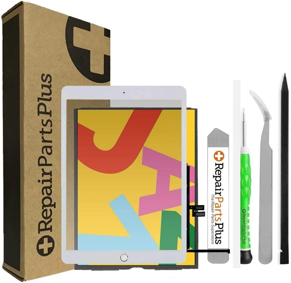 RepairPartsPlus for iPad 7th | 8th Generation Screen (LCD Display + Glass Touch Digitizer) Replacement Full Kit (10.2", iPad 7 | 8) + Home Button, Adhesive, Guides/Videos - White