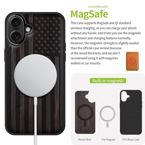 Image of Carveit Wood Case for iPhone 16 Plus, The Classic American Flag, Black | Magnetic iPhone 16 Plus Case Compatible with MagSafe Wireless Chargers, Engraved Wood with Soft TPU Shockproof Bumper