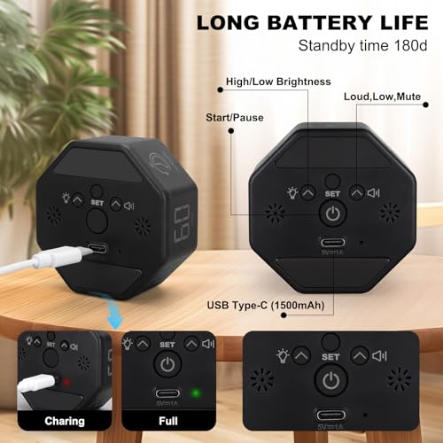 Image of Small Productivity Timer - Pomodoro Timer with 3 /5 /10 /25 /60 Min Presets & Custom Countdown | Magnetic Rechargeable Digital Clock for Desk, Study and Games (Black)