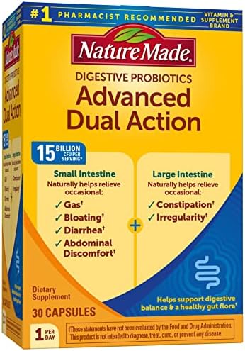 Nature Made Digestive Probiotics Advanced Dual Action, Dietary Supplement for Digestive Health Support, 30 Probiotic Capsules, 30 Day Supply