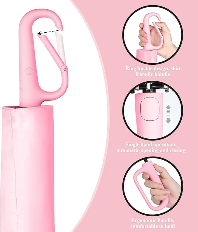 Image of TEKCOOL UV Umbrella with Novelty Carabiner Handle, Travel Umbrellas for Rain and Sun Windproof Compact, Automatic Open Close, 8 Ribs, Portable Umbrella for Men and Women(Pink)
