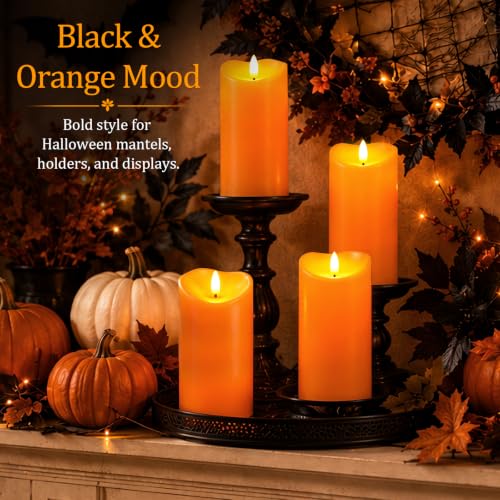 Image of Homemory Halloween Orange Waterproof LED Candles, Remote Timer, Set of 2 | Flameless candles, D3 x H6 in, plastic shell, indoor outdoor fall decor, porch, patio, pathway, lantern and pumpkin displays