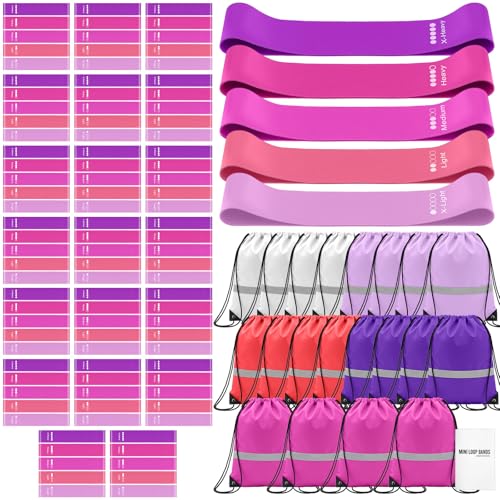 Sratte 120 Pcs Workout Loop Resistance Bands Bulk, Gym Elastic Bands Set for Fitness Sport Class Students Members Gift Physical, 5 Pieces Each Set, with Large Drawstring Backpack Bags (Pink)
