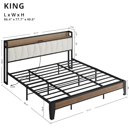 LIKIMIO King Bed Frames, Storage Headboard with Charging Station, Solid and Stable, Noise Free, No Box Spring Needed, Easy Assembly, Wood and Cream