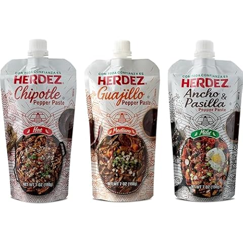 HERDEZ Pepper Paste Trio – Chipotle (Hot), Guajillo (Medium), Ancho and Pasilla (Mild) – Squeeze Pouch with Easy Close Twist Cap – 7oz Squeeze Pouch – Dried Chile Pepper Alternative Cover