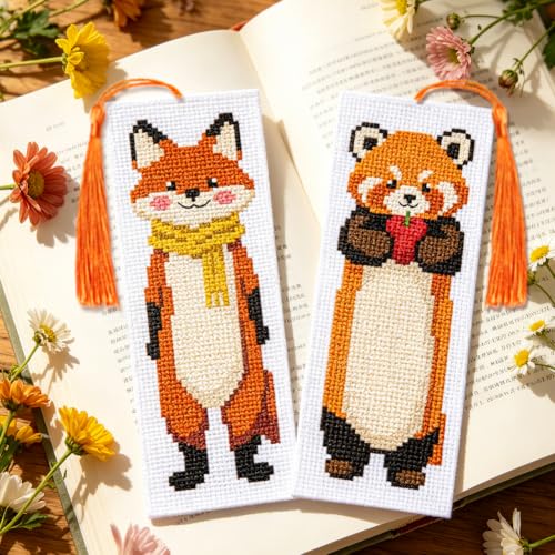 Image of ACRNIGHEET 6PCS Cross Stitch Bookmark Kit for Beginner Stamped Cross Stitch Kits for Adults Cute Animals DIY Tassel Embroidery Bookmark Kits Needlepoint Kit with Instructions Craft Gift 8.5''x3'' 11CT