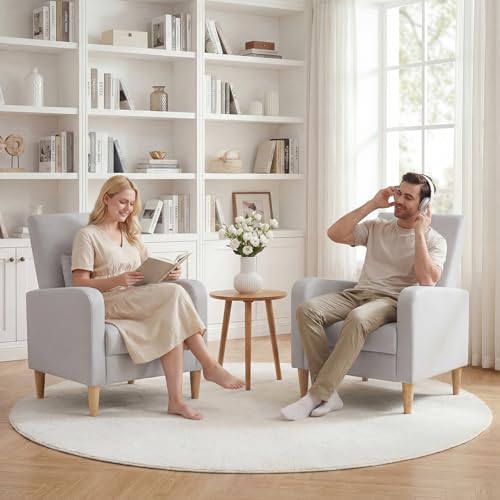 Image of COLAMY Mid-Century Modern Accent Chairs Set of 2, Faux Leather Upholstered Living Room Chairs with Back Pillow & Solid Wood Legs, Comfy Armchair for Living Room, Bedroom, Single Sofa, Light Grey