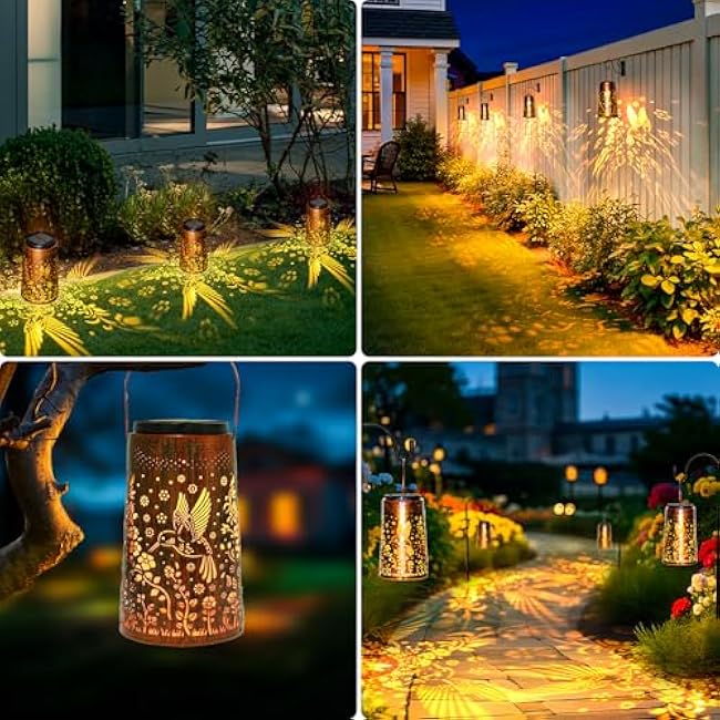 Solar Lanterns Outdoor Waterproof 2 Pack, 2 IN 1 Amber & White Modes Upgraded, Bird Garden Decor Gifts for Women Mom Grandma, Metal Hanging Solar Light Decoration for Yard Patio Porch Pathway
