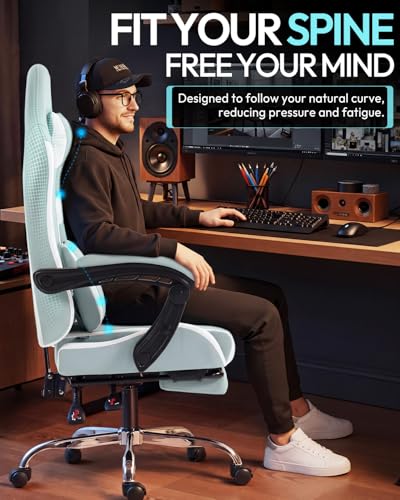 Image of Dowinx Ergonomic Gaming Chair with Footrest & Massage Lumbar, 2D-Linkage Armrests for Computer Chair 330lbs with Headrest Pillow for Office, Home, Streaming and Long Gaming Sessions, Fabric Blue White