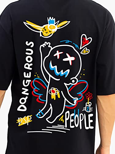 Image of Jump Cuts Mens Printed Round Neck 3-4th Sleeve Black, White Cotton Boxy Fit T-Shirt