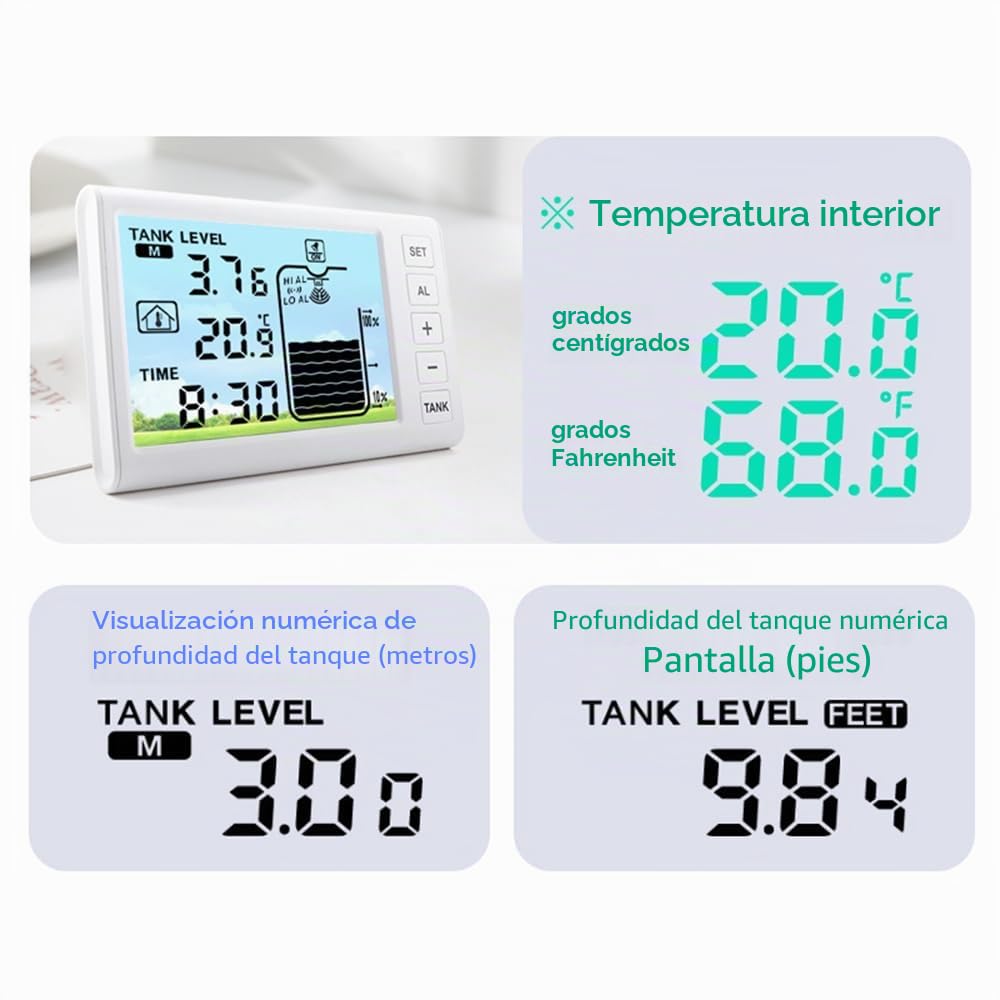 Indicador de nivel ultrasónico inalámbrico para tanques de agua con sensor de temperatura e indicador de tiempo