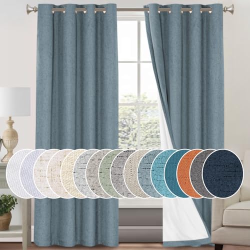 Image of PrinceDeco Linen Blackout Curtains 84 Inches Long 100% Blackout Curtains for Bedroom /Living Room Textured Linen Look Curtain Energy Saving with White Liner,Stone Blue, 52x84 Inch (2 Panels)