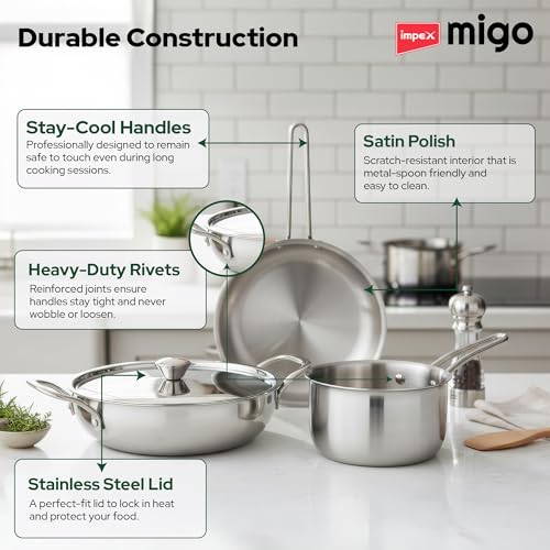 Image of Impex 4 Piece Triply Stainless Steel cookware Set | 24cm Triply Kadai with Lid | 22cm Fry Pan |16cm Milk Pan | ISI Certified Nonstick 3-Layer Body | Fast & Even Heatin| 100% Toxin-Free | 5 Yr Warranty