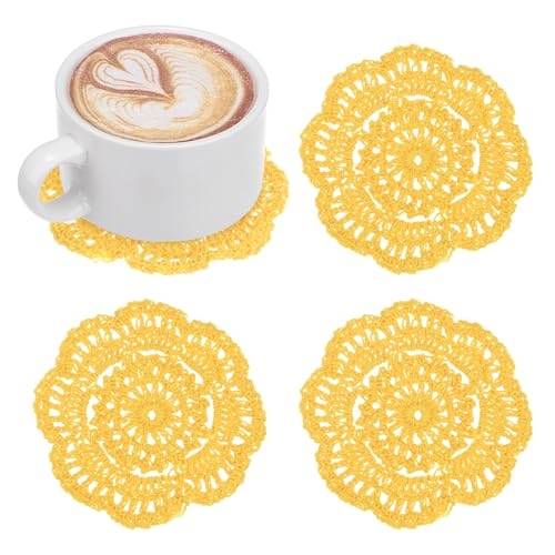 M METERXITY 4-Pack Handmade Crochet Coasters, 4Inch/10cm Round Cotton Placemats for Table/Cup/Bowl/Vase/Tea Trays/Home Decoration, Lace Doilies Place Mats [Yellow]