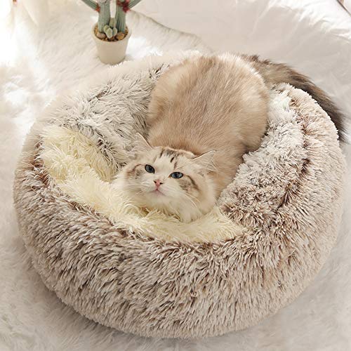 Kwewik Cat Bed Round Soft Plush Burrowing Cave Hooded Cat Bed Donut For Dogs & Cats, Faux Fur Cuddler Round Comfortable Self Warming Pet Bed, Machine Washable, Waterproof Bottom, Medium, Coffee #TOP2