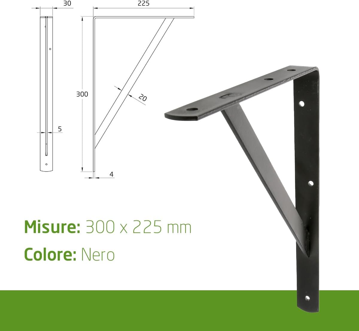 Amig - Pack of 4 Shelf Brackets Colour Black | Shelf Bracket 300 x 225 mm | Heavy Duty Steel: Up to 260 kg