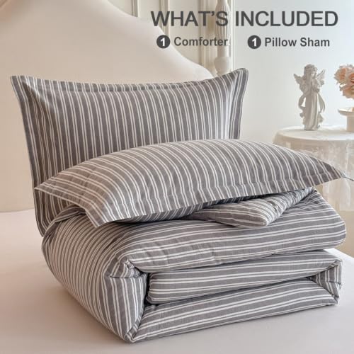 Image of Cyusri Cotton Stripe Twin Comforter Set - Soft Lightweight Bedding 2 Pieces Dyed Bed Set with 1 Pillow Shams,Reversible All Season Farmhouse Down Alternative(Twin Size 68 inchx90 inch Grey White)
