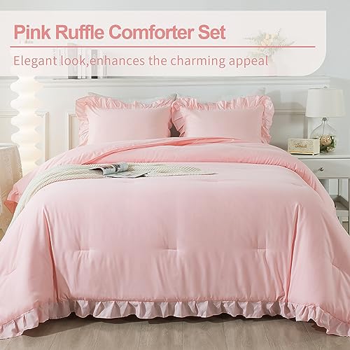 Andency Pink Ruffle Comforter Set Twin, 2 Pieces Kids Comforter (66x90Inch), Lightweight Soft Girls Shabby Chic Bedding, All Season Bed Set