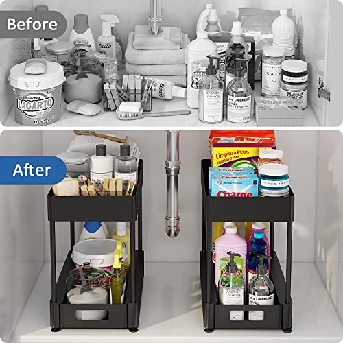 Marghazar-Under Sink Organizers And Storage Bathroom-2 Tier Sliding Under Cabinet Organizer With 2 Cups 4 Hooks-Multi-Purpose Storage Shelf For Bathroom Kitchen Organization-Black #TOP4