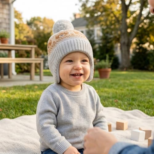 Image of LMLALML Boys Winter Hat Earflap Knitted Beanie for Kids Warm Fleece Lined Thicken Hat for Baby