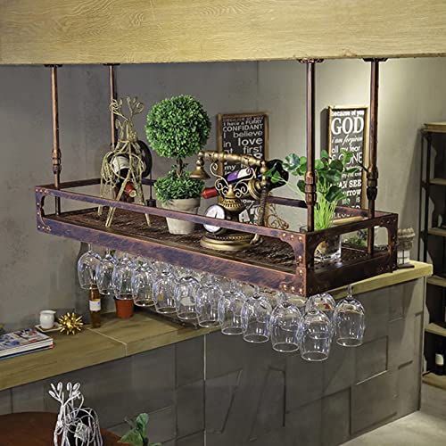 SFNIOKFG Étagère de Bar Suspendue au Plafond en métal, casier à vin Vintage, Porte-Bouteille de vin Suspendu au Plafond, Fer à Champagne, Verres à Pied,...
