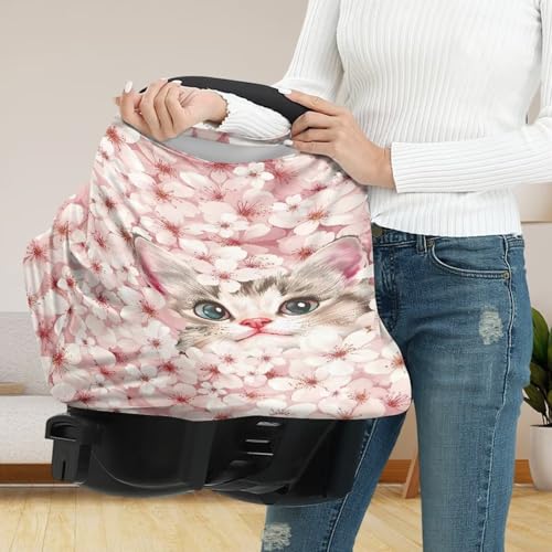 Image of Cat Car Seat Cover for Baby Carseat - Cherry Blossom Infant Car Seat Cover for Sun - Breathable, Soft and Lightweight Car Seat Canopy