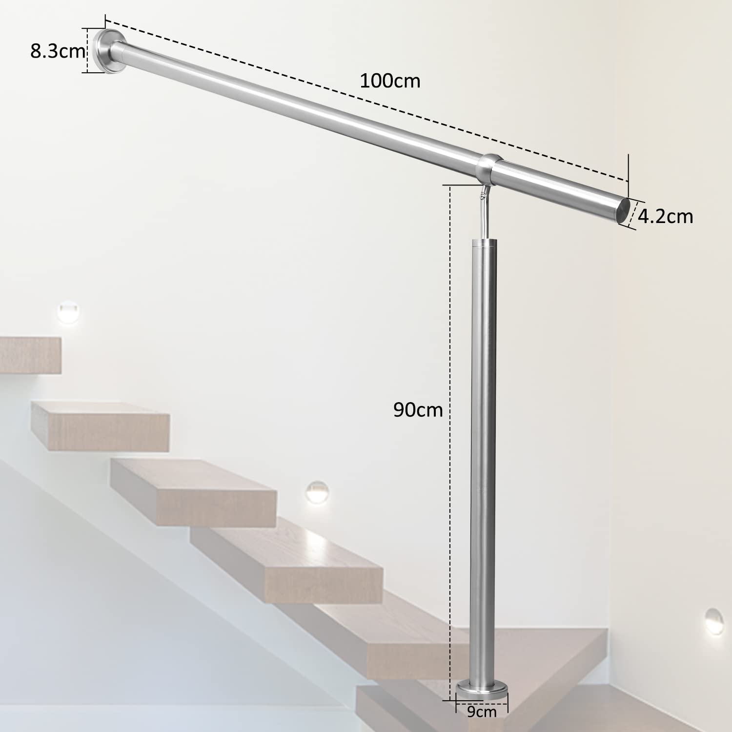 Randaco Barandilla de entrada de acero inoxidable, pasamanos para escaleras, ángulo de montaje ajustable, incluye material de montaje, para interior y exterior, 100 cm