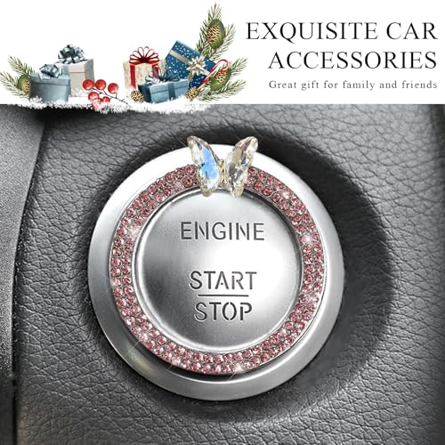 Image of DXNQ Bling Ring Emblem, Sparkling Butterfly Car Buttons and Knobs Ring, Girly Butterfly Diamond Car Engine Start Button Cover, Key Ignition Knob Rings Decoration for Women (Pink, Double Row)