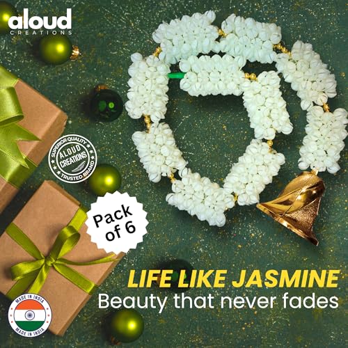 Image of ALOUD CREATIONS 6Pc Decorative Artificial Mogra (Jasmine) Flower Garlands String with Bell for Diwali, Home Decoration, Pooja Room, Wall Hanging Toran, Main Door Wedding Decor - 2.5 feet / 30 inches