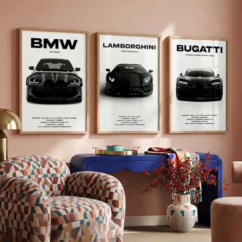 Image of HOTHOUSE Big BMW M3, Lamborghini Aventador, Bugatti Chiron Cars Framed Posters Gift Items for Boys Room Wall Decoration | Car Poster Frame for Wall Decor Set Of 3 Size (19 X 25 inch)