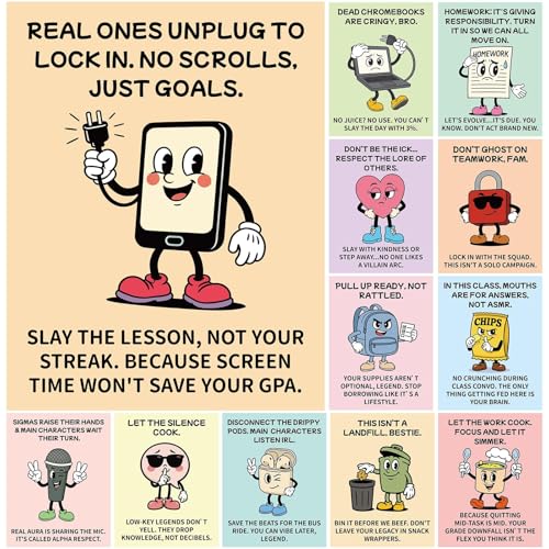 12Pcs Funny Classroom Rules Poster Gen Alpha Slang Posters Retro Boho Cringe Classroom Management Signs Gen Z Rules Wall Art for Teacher Middle High School Education Bulletin Board Wall Decor