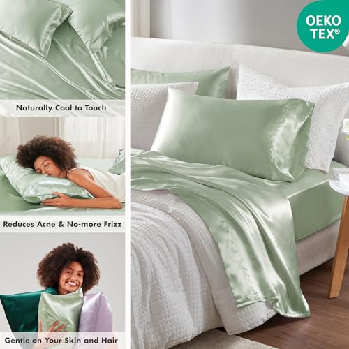 Image of Madison Park Essentials Satin Sheets Twin Size Bed Set, 4 Piece, Sage | Luxury and Smooth Silky Bedding with Natural Sheen, All Around Elastic 14 inch Pocket fits up to 16 inch Mattress, Year-Round Cozy