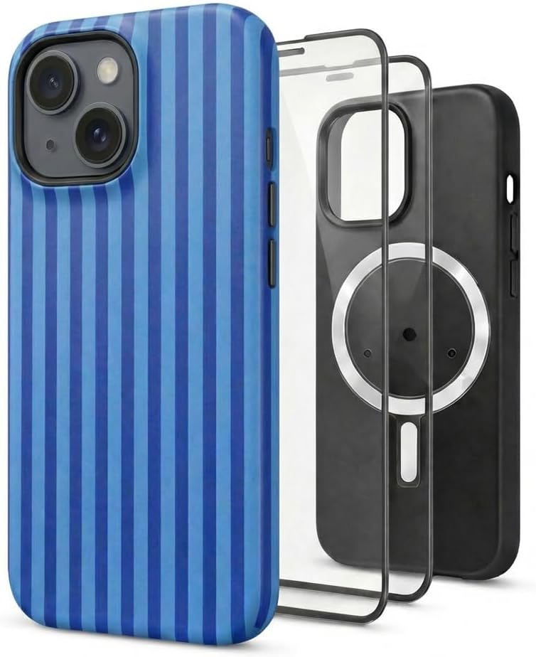 Magnetic Phone Case for iPhone 13-17, Matte Navy Blue Striped TPU+PC Cover, Includes 2X Soft Film Protectors, Compatible with MagSafe (Blue, for iPhone 13)