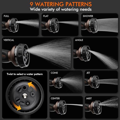 Image of RESTMO Hose Nozzle Heavy Duty, Metal Water Hose Sprayer for Garden | 9 Spray Patterns, High Pressure, Thumb Flow Control, On /Off Valve, Ideal for Outdoor Lawn & Plant, Car & Pet, Brown