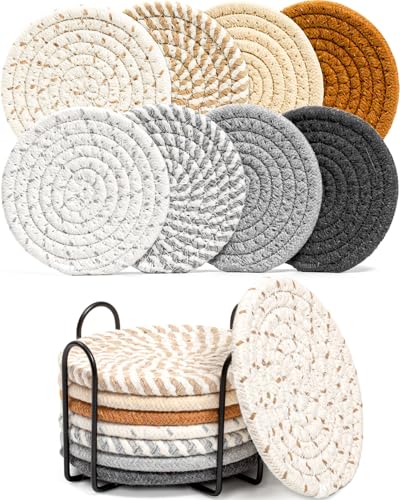 8 Pcs Drink Coasters with Holder 8 Colors Absorbent Coasters for Drinks Minimalist Cup Coasters Cotton Coaster Set Woven Coasters for Coffee Table Home Decor Bar Housewarming Gift 4.3 Inch