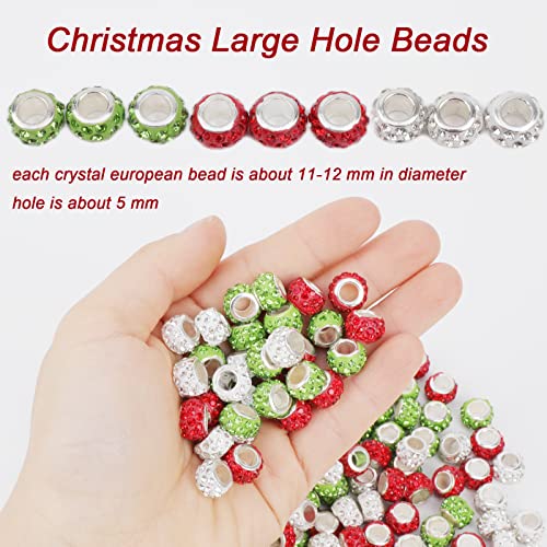 200 Pieces Christmas Large Hole Beads Kit Included 180 Rhinestone European Beads And 20 Cute Christmas Pendants For Christmas Diy Bracelet Jewelry Making (Red Green White) #TOP1
