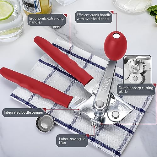 Commercial Can Opener, UHIYEE Hand Crank Can Opener Manual Heavy Duty with Comfortable Extra-long Handles, Oversized Knob, Large Handheld Can Open Easy for Big Cans, Red by UHIYEE - Image 2