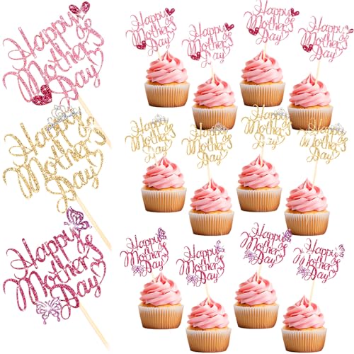 Spakon 60 Pcs Happy Mothers Day Cupcake Toppers Glitter Cake Toppers Cupcake Stickers Love You Mom Heart Mother Happy Birthday Party Supplies Icing Decorations (Stylish Style)