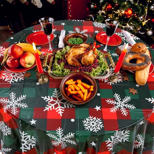 Image of Ganeen 6 Pcs Christmas Buffalo Plaid Snowflake Decoration Red Green Snowflake Winter Plastic Tablecloth Winter Party Wonderland Decorations Xmas Table Cover for Christmas Holiday Birthday Party Supply