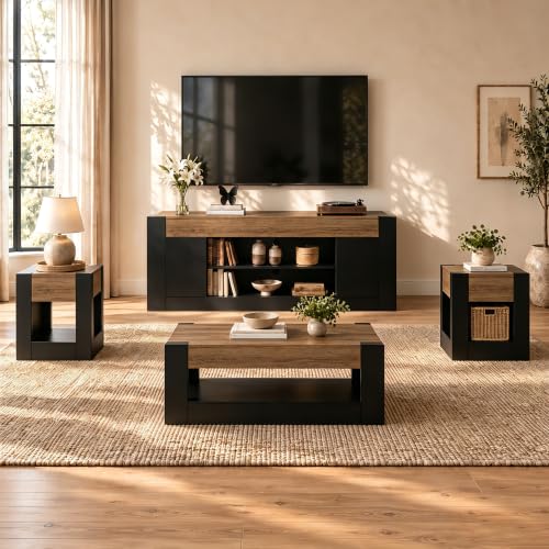 Nordivale Farmhouse Living Room Table with Storage Set of 4, Black