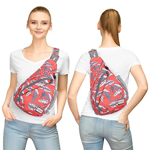 ZOMAKE Sling Bag,Small Crossbody Sling Backpack,Water Resistant Shoulder Daypack for Travel,Anti Thief Chest Bag for Hiking(Orange White Leaf) - Thumbnail 7