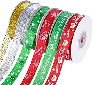 Christmas Ribbon Grosgrain Satin Ribbons 15MM Printed Ribbons for Xmas Crafts Gift Package Wrapping Christmas Holiday Presents Glitter Organze Fabric Ribbons(6 roll X 16yd )