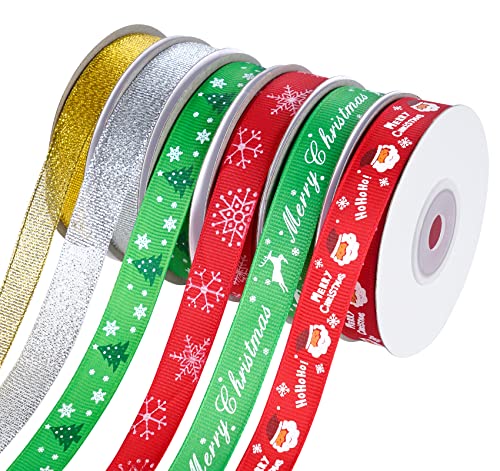 Beutrain Weihnachtsband, Ripsband, Satinband, 15 mm, bedruckte Bänder für Weihnachten, Basteln, Geschenkverpackung, Weihnachtsgeschenke, Glitzer, Organze Stoffbänder (6 Rollen x 16 m) Cover