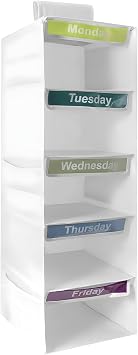 5-Shelf Weekly Clothes Organizer for Kids, Days of the Weekly Hanging Clothes Organizer,Monday-Friday Compartment Storage for Youth School Outfits White
