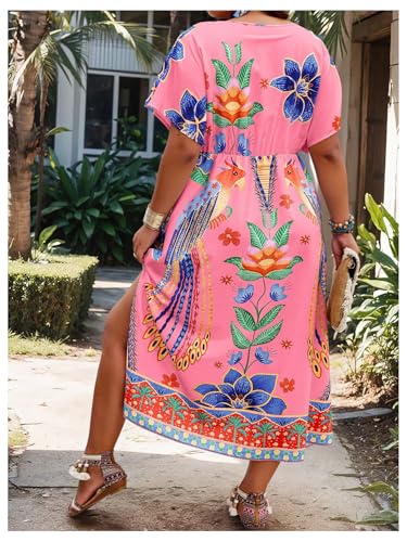 Image of Floerns Women's Plus Size Tribal Print Dolman Sleeve Slit Summer Maxi A Line Dress