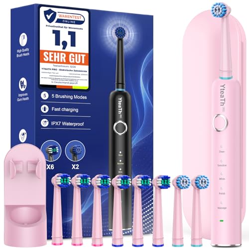 Spazzolino Elettrico Rotante per Adulti con 8 Testine - Spazzolino Denti Rotante per Adulti con Custodia da Viaggio, 5 Modalità, Impermeabile IPX7, Spazzolino Elettrico da Viaggio Ricaricabile, Rosa